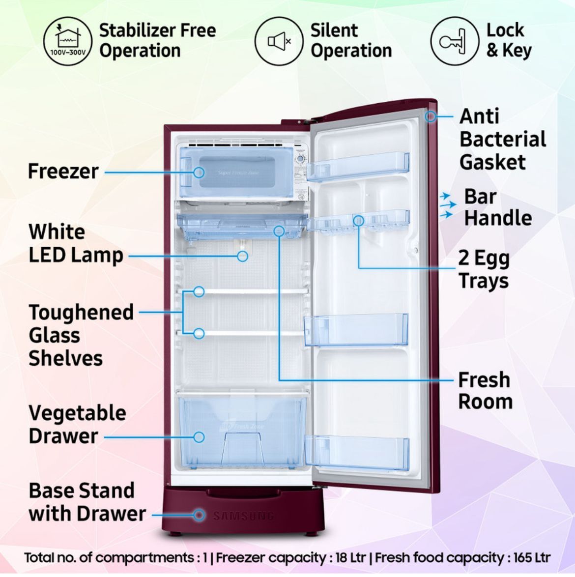 Samsung 183 L Direct Cool Single Door 5 Star Refrigerator with Base Drawer with Digital Inverter (Himalaya Poppy Red, RR20D2825HN/NL) - Image 6