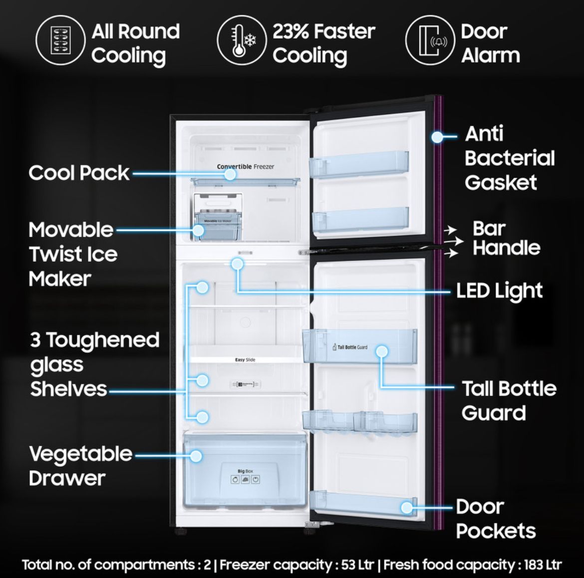 Samsung 236 L Frost Free Double Door 2 Star Convertible Refrigerator with Digital Inverter and Display (Camellia Purple, RT28C3922CR/HL) - Image 8