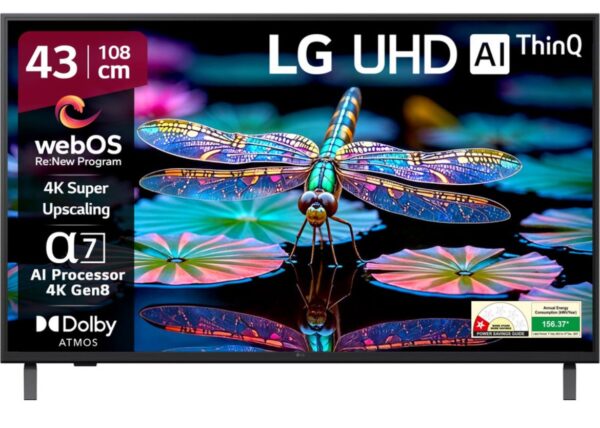 LG AI TV UA8200 108 cm (43 inch) Ultra HD (4K) LED Smart WebOs TV 2025 Edition with Alpha7 A Processor 4K Gen8 | 4K Super Upscaling | Al Picture Pro | 4K Expression Enhancer | NEW Al Magic Remote Compatible | Al Search with MS Copilot | Al Sound Pro (9.1.2 ch) | Dolby Atmos | Chromecast Built-in (43UA82006LA)