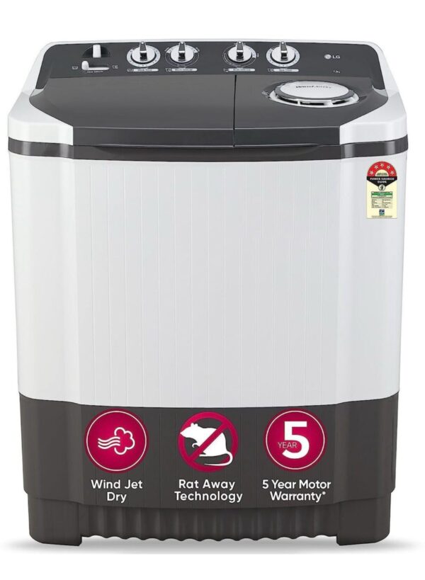 LG 7 kg 5 Star with Wind Jet Dry, Collar Scrubber and Rust Free Plastic Base Semi Automatic Top Load Grey, White (P7020NGAZ)