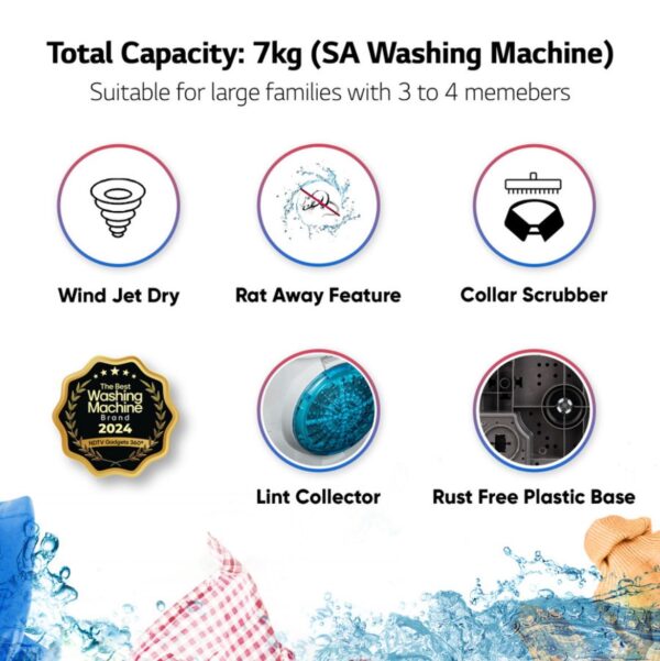 LG 7 kg 5 Star with Wind Jet Dry, Collar Scrubber and Rust Free Plastic Base Semi Automatic Top Load Grey, White (P7020NGAZ) - Image 3