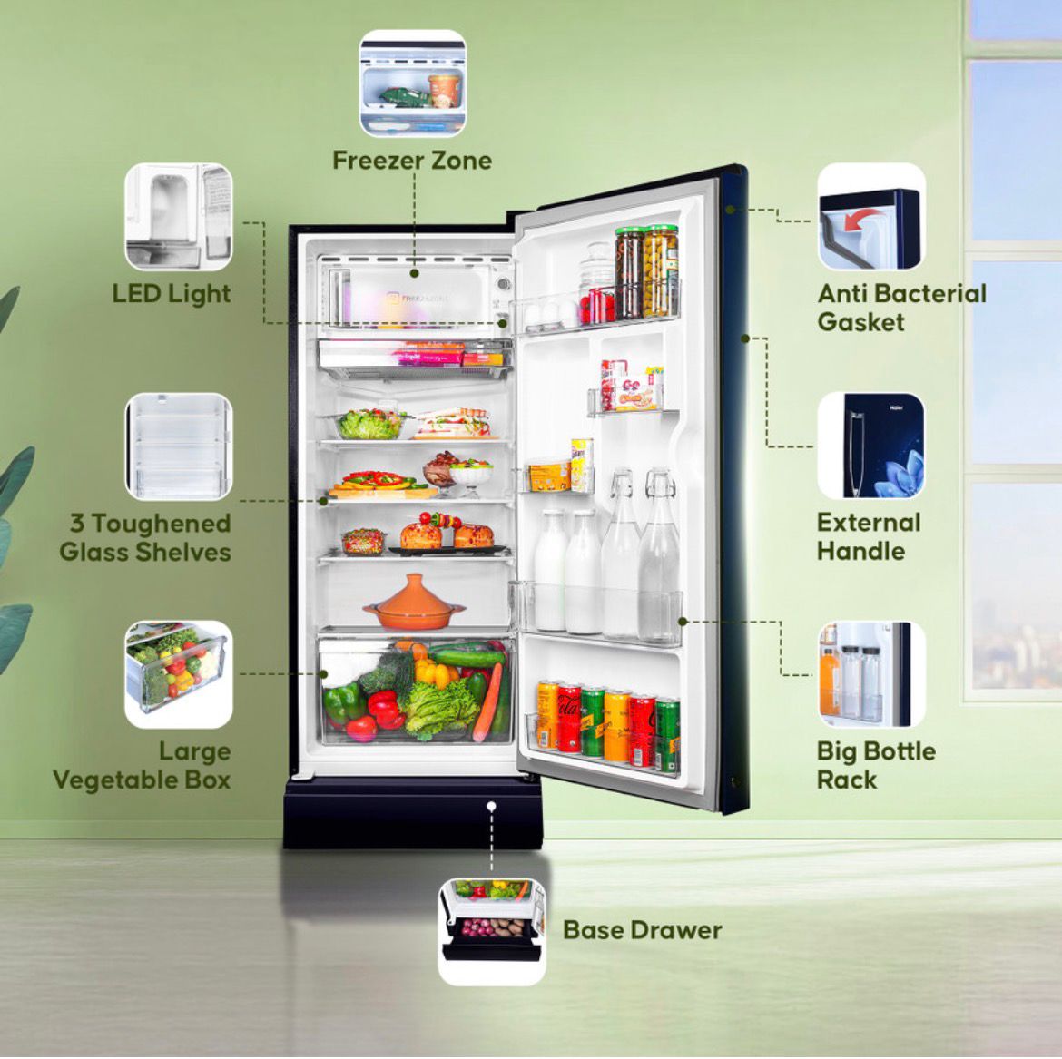 Haier 190 L Direct Cool Single Door 5 Star Refrigerator with Base Drawer with ,Large Storage Space1 Hour Icing Technology (Marine Peony, HED-205MFB-P) - Image 6