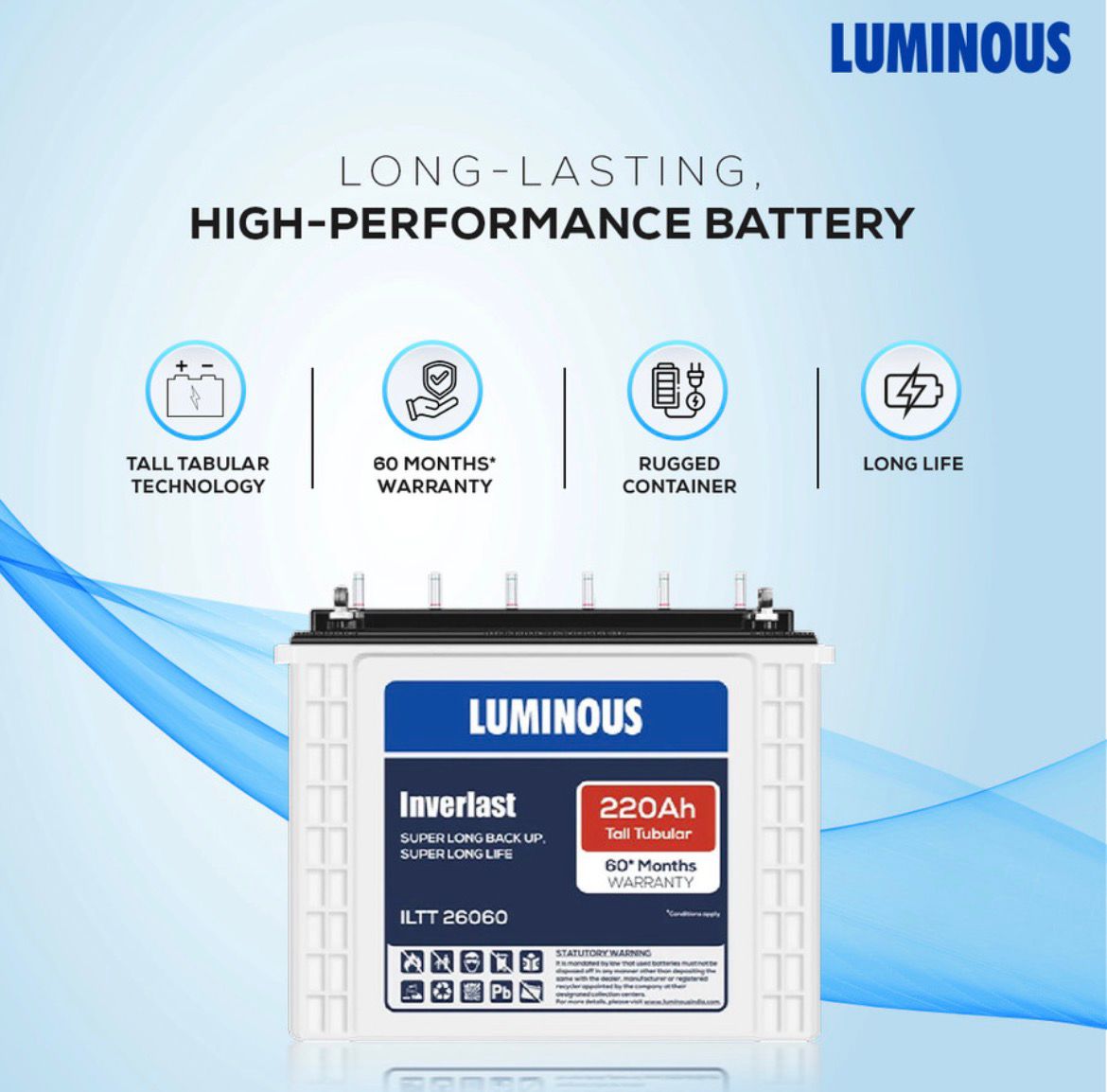 LUMINOUS 60 Months Warranty Tubular Inverter Battery (220 Ah, ILTT26060) - Image 3