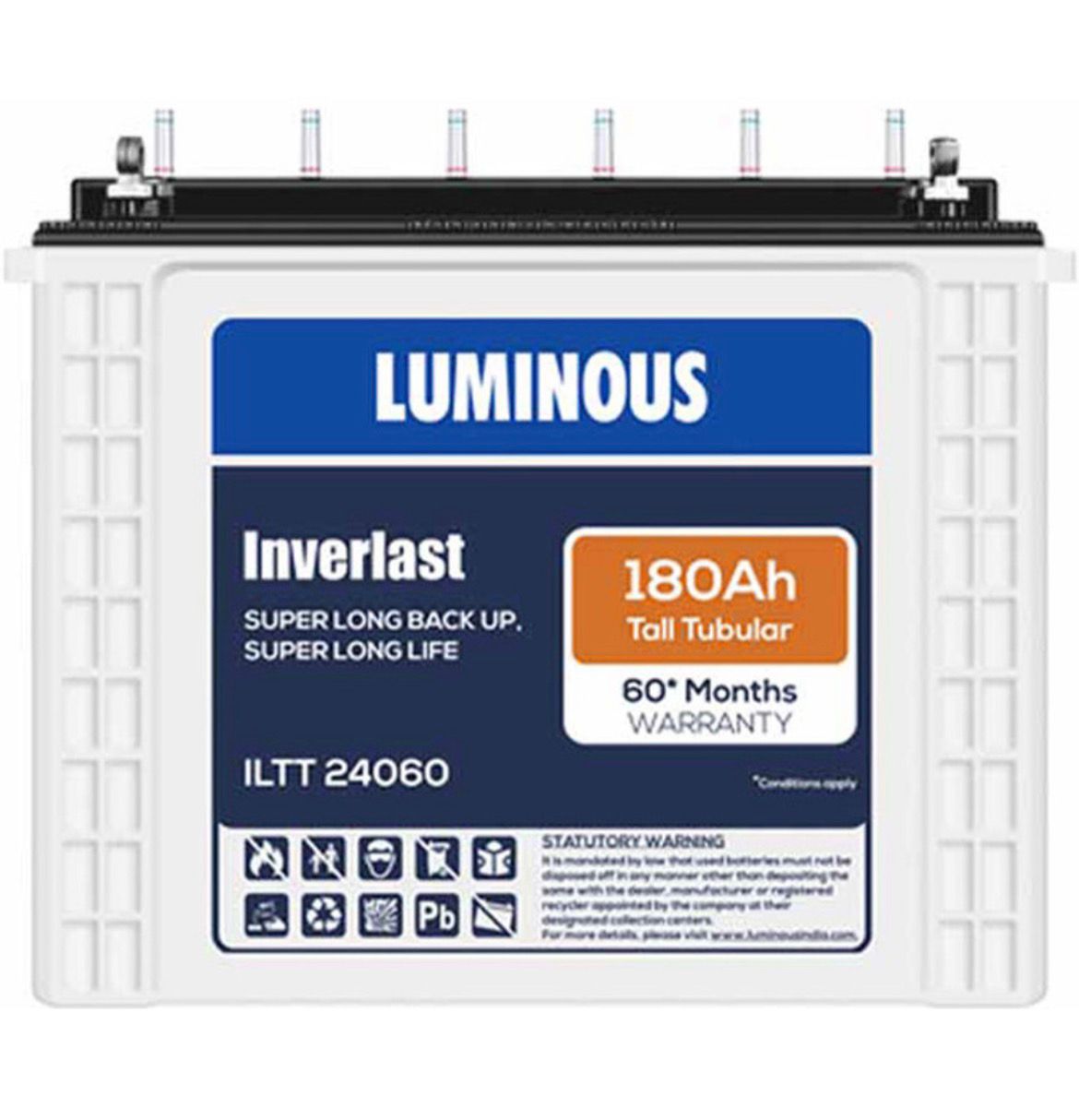 LUMINOUS 60 Months Warranty Tubular Inverter Battery (180 Ah, Inverlast ILTT24060 180Ah Tall Tubular Battery)
