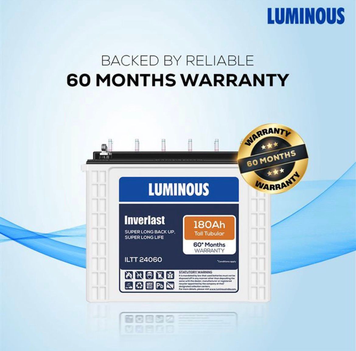 LUMINOUS 60 Months Warranty Tubular Inverter Battery (180 Ah, Inverlast ILTT24060 180Ah Tall Tubular Battery) - Image 4
