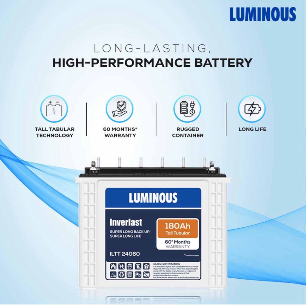 LUMINOUS 60 Months Warranty Tubular Inverter Battery (180 Ah, Inverlast ILTT24060 180Ah Tall Tubular Battery) - Image 5