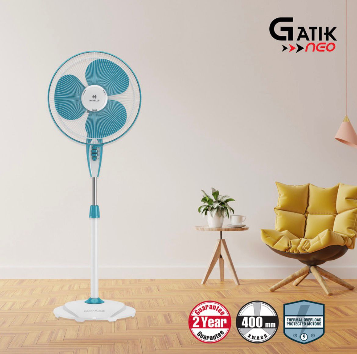 HAVELLS Gatik Neo with 2 Year Warranty 400 mm Pedestal Fan (White Aqua | Pack of 1) - Image 6